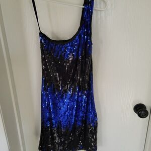One shoulder strap blue and black short sequin dress - size M